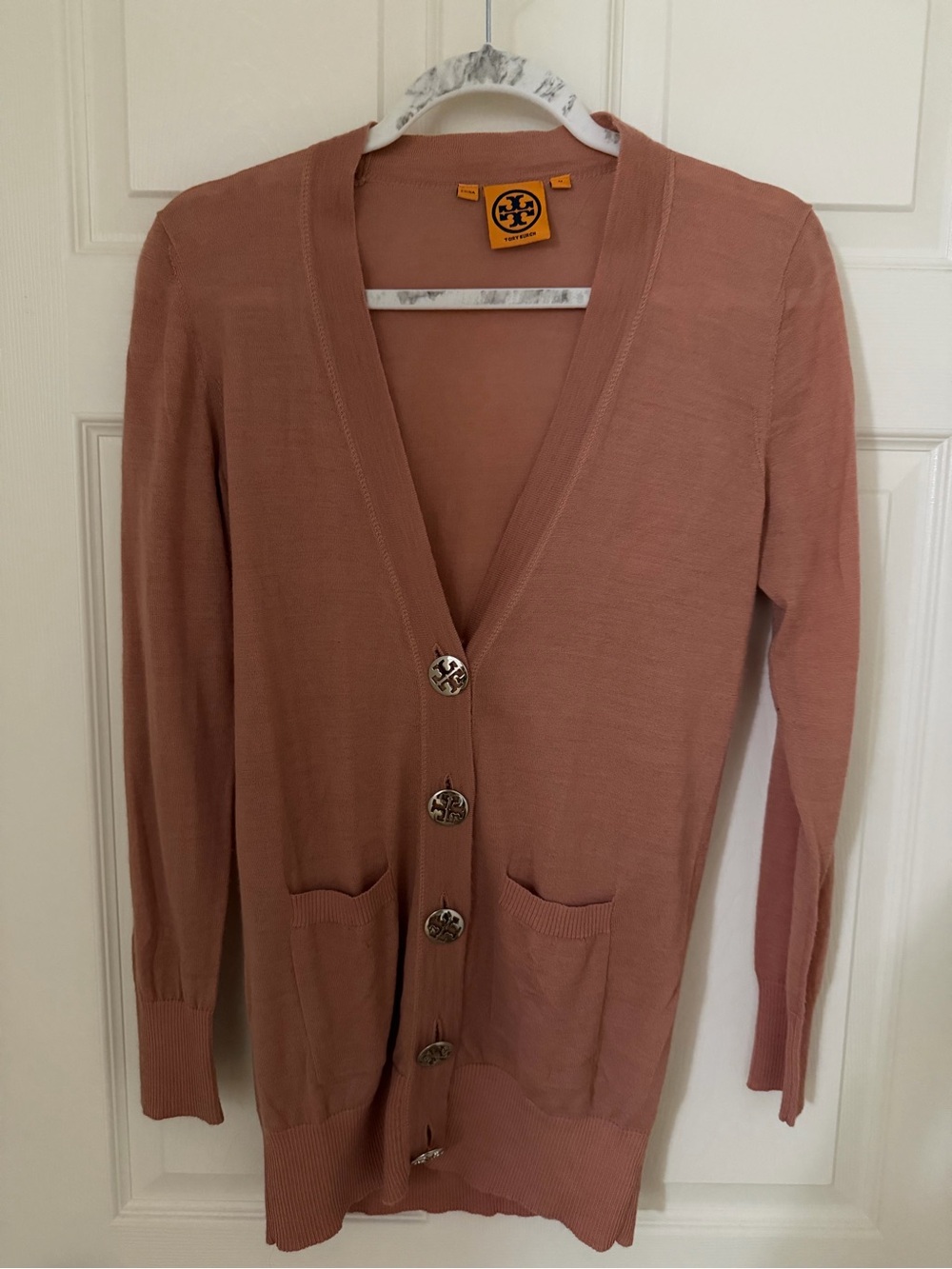 Tory Burch Rose Blush V-Neck Button Cardigan